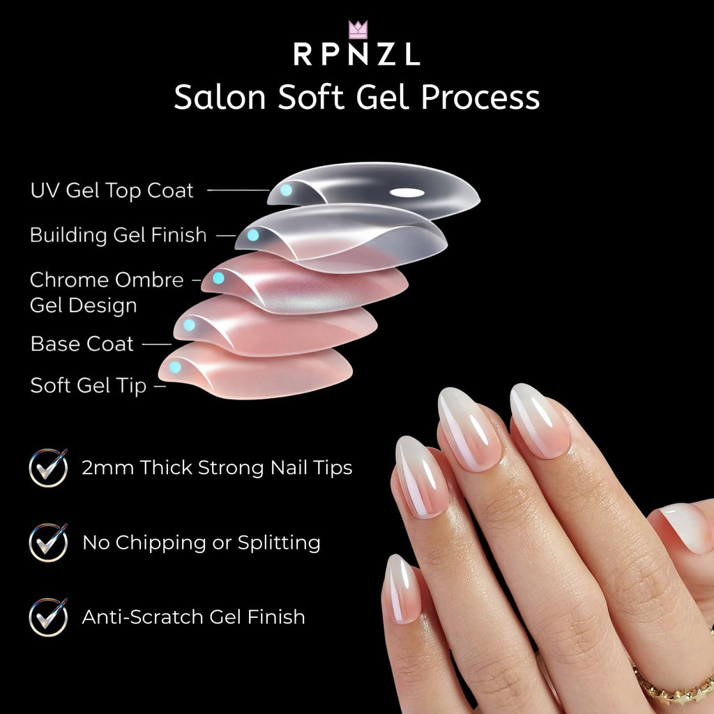 RPNZL Press On Nails Cafe Latte – Chrome Ombre French Tip, UV Finish Almond Nails, 32 Nails (16 Sizes) with Glue & Tabs | Female Founded