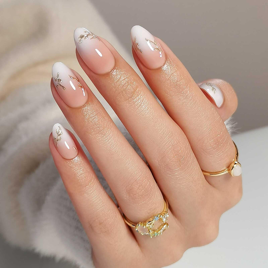 RPNZL Athena Press On Nails – Ombre French Tip with 3D Gold Design | Medium Almond UV Finish, 32 Nails Kit