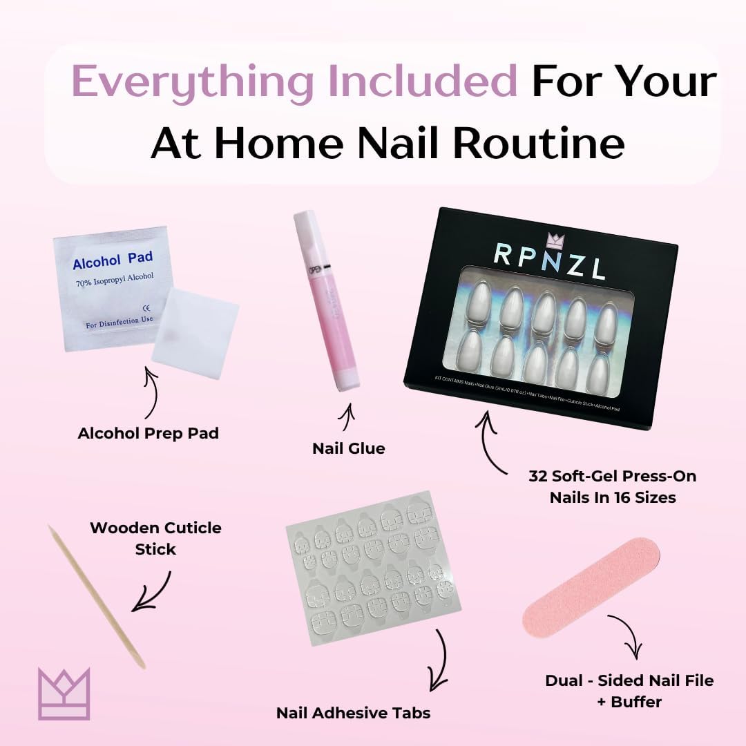 RPNZL Athena Press On Nails – Ombre French Tip with 3D Gold Design | Medium Almond UV Finish, 32 Nails Kit