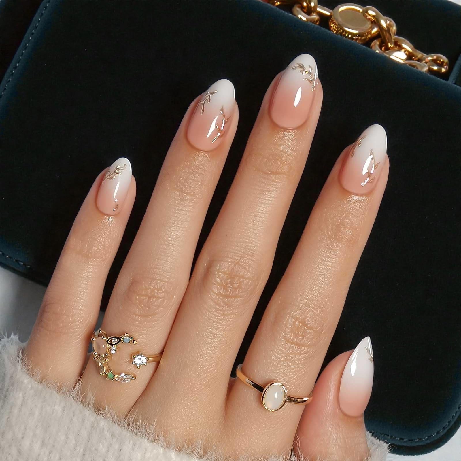 RPNZL Athena Press On Nails – Ombre French Tip with 3D Gold Design | Medium Almond UV Finish, 32 Nails Kit