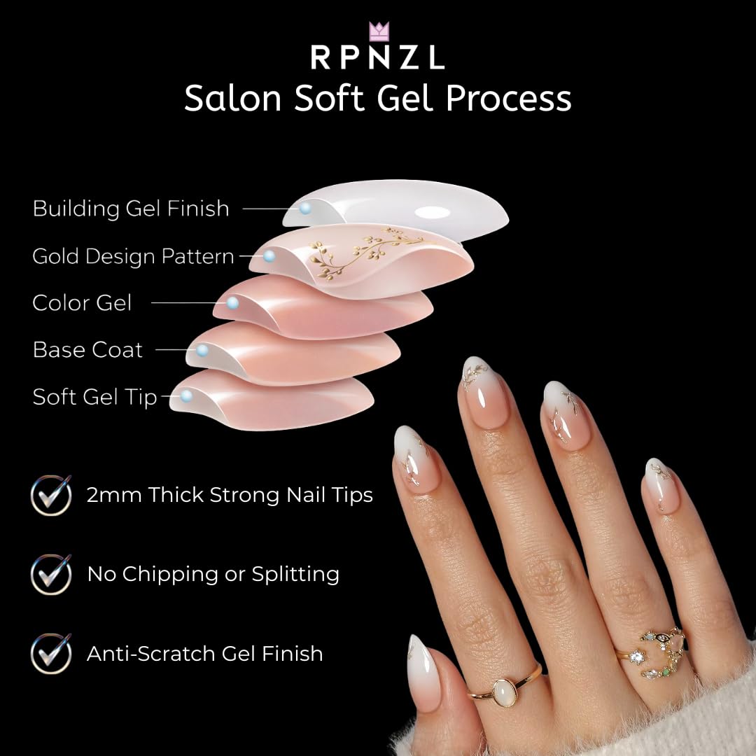 RPNZL Athena Press On Nails – Ombre French Tip with 3D Gold Design | Medium Almond UV Finish, 32 Nails Kit