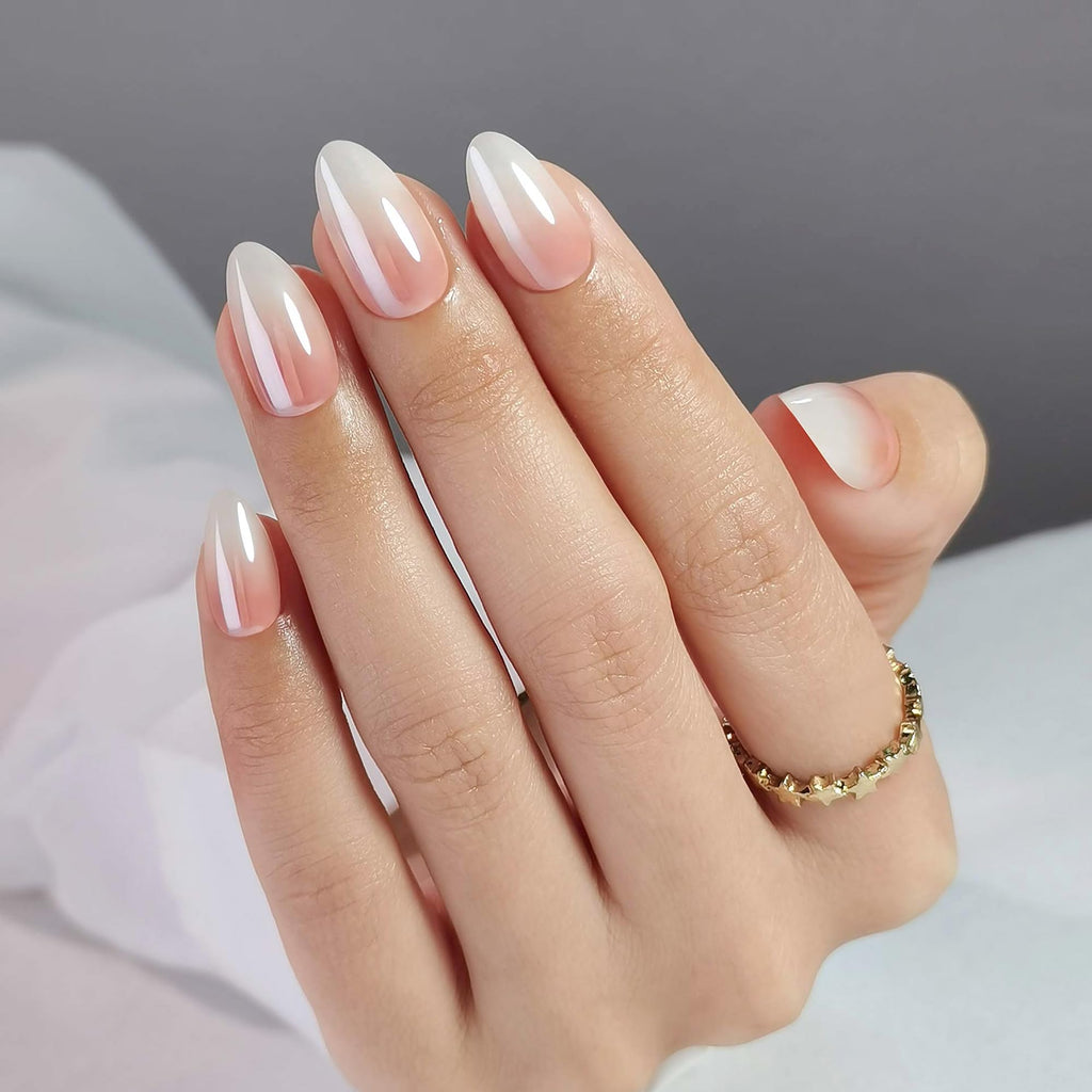 RPNZL Press On Nails Cafe Latte – Chrome Ombre French Tip, UV Finish Almond Nails, 32 Nails (16 Sizes) with Glue & Tabs | Female Founded