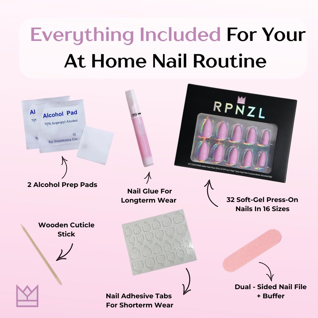 RPNZL Ocean Press On Nails – Blue Chrome French Tip with Pearl Design, UV Finish, Almond Nails, 32 Nails in 16 Sizes, Glue & Tabs Included