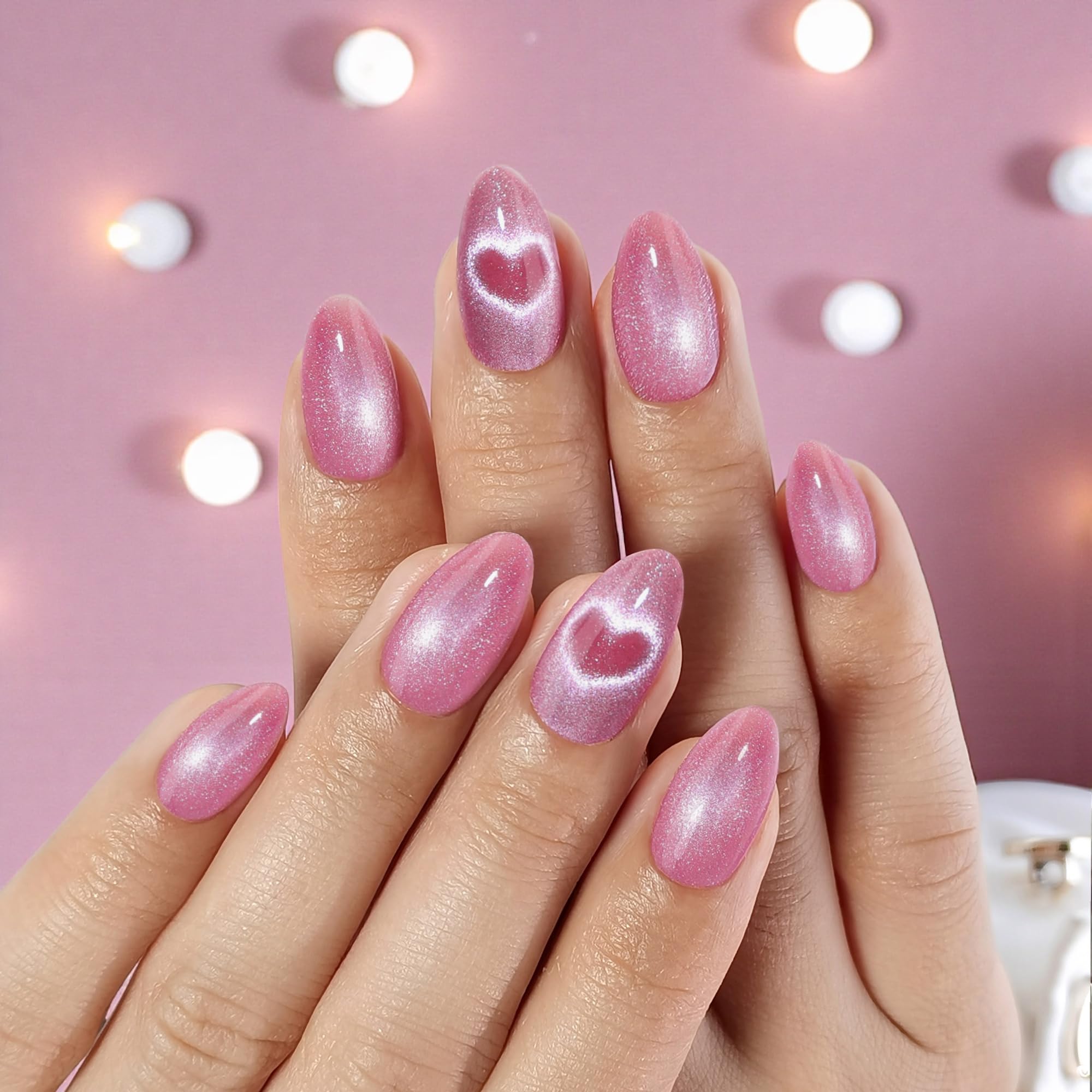 RPNZL Love Beam Press On Nails – Heart Cat Eye, UV Finish Almond, 32 Nails Kit