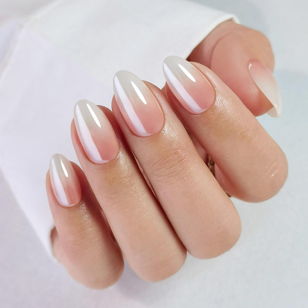 RPNZL Press On Nails Cafe Latte – Chrome Ombre French Tip, UV Finish Almond Nails, 32 Nails (16 Sizes) with Glue & Tabs | Female Founded