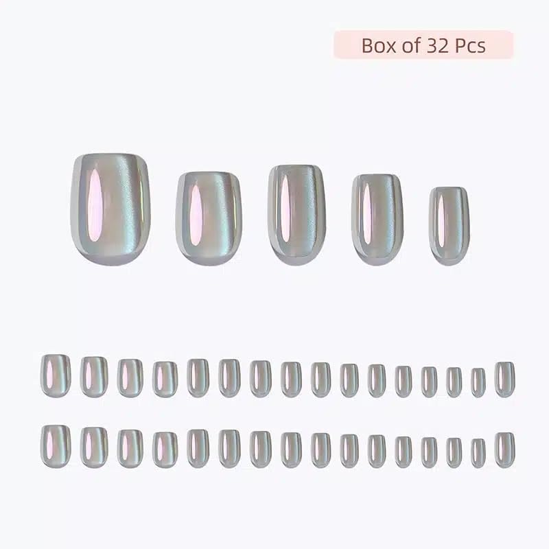 RPNZL Press On Nails - Opal Chrome Cateye High Gloss Square | 32 Nails, 16 Sizes, Glue & Tabs