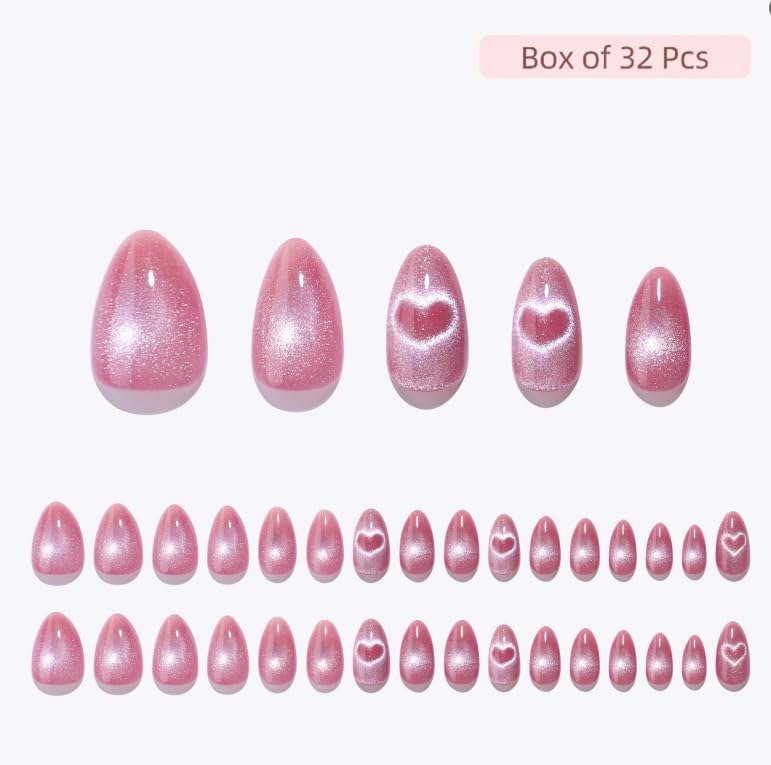 RPNZL Love Beam Press On Nails – Heart Cat Eye, UV Finish Almond, 32 Nails Kit