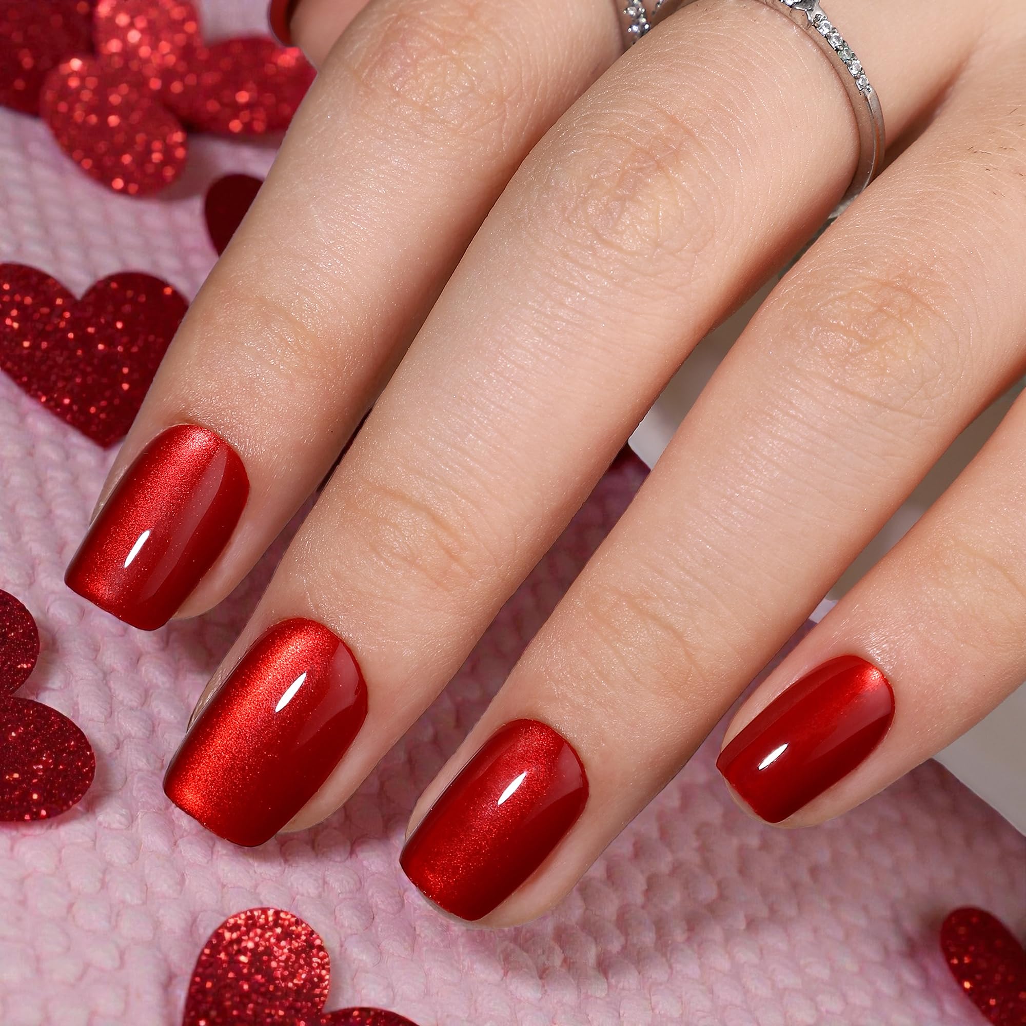 RPNZL Press On Nails - Ruby Cat Eye (Short Square) UV Finish | 32 Nails, 16 Sizes, Glue & Tabs