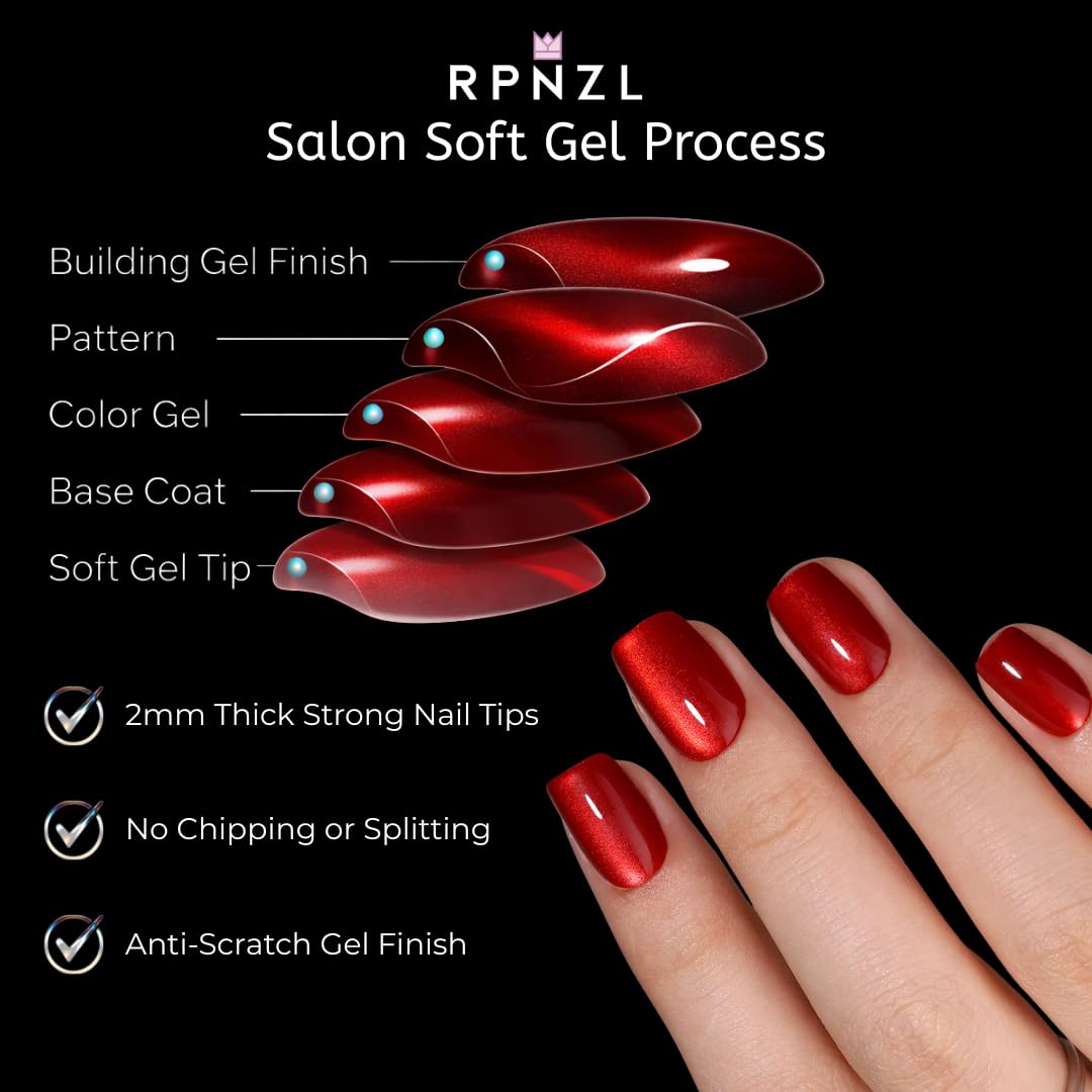 RPNZL Press On Nails - Ruby Cat Eye (Short Square) UV Finish | 32 Nails, 16 Sizes, Glue & Tabs