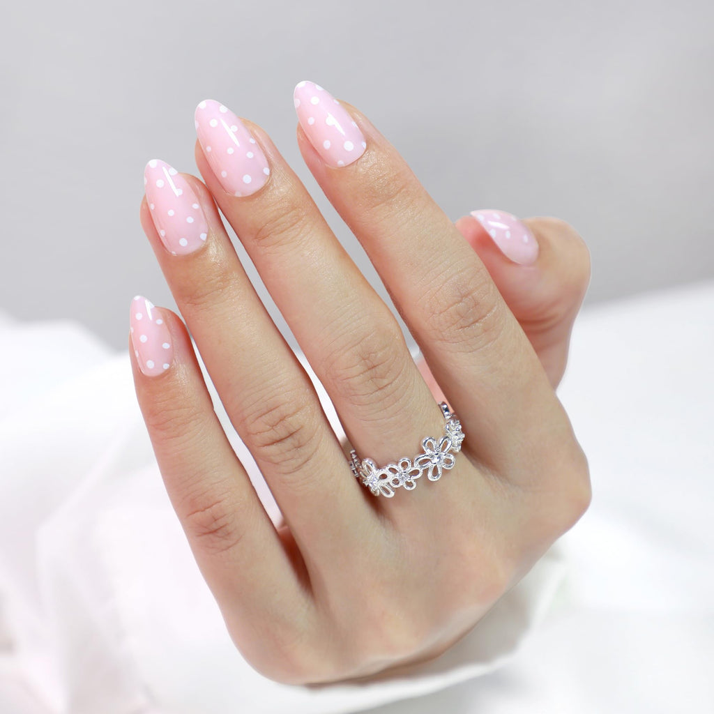 RPNZL Press On Nails - Sugar Pink Polka Dot UV Finish Almond Nails, 32 Nails, 16 Sizes, Glue & Tabs