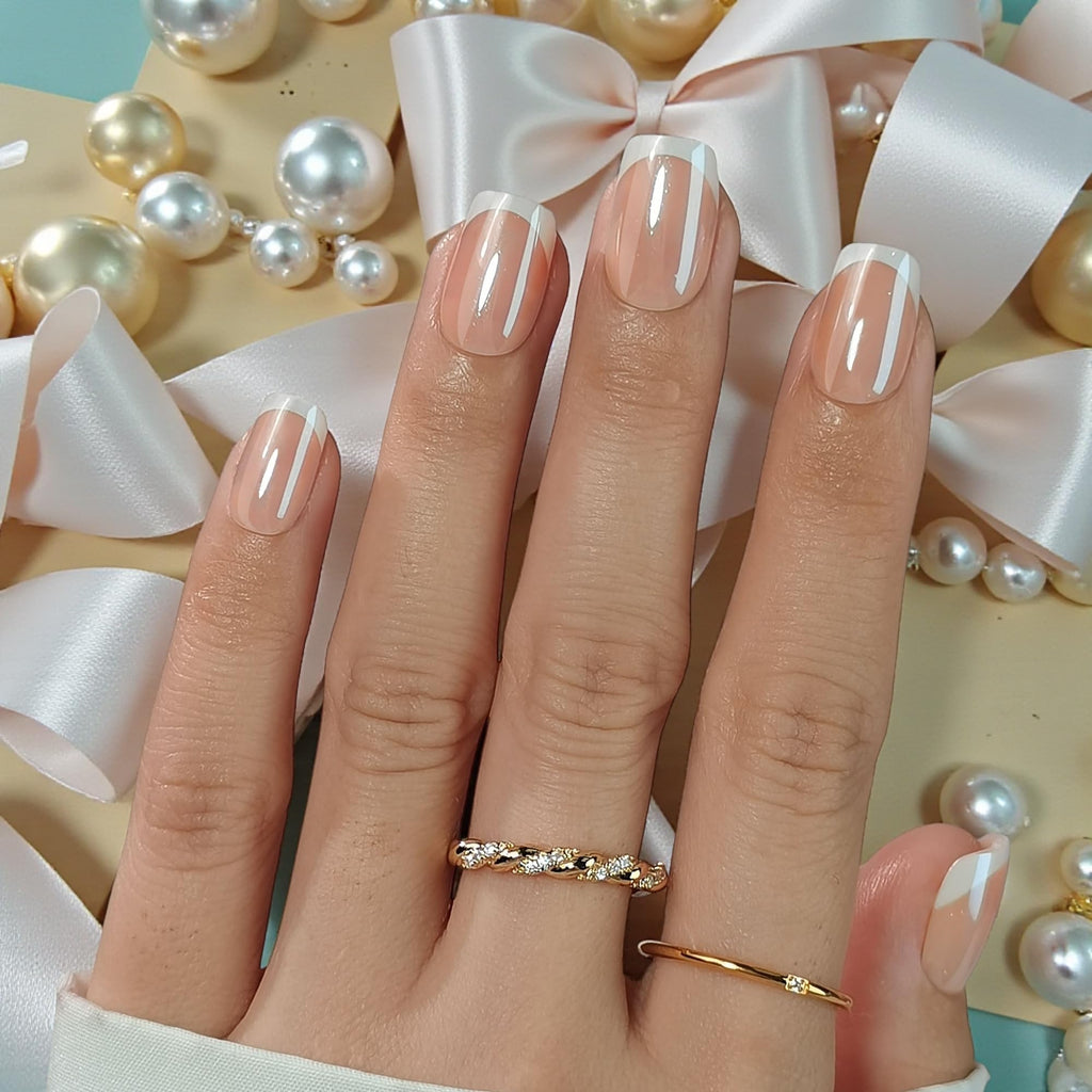 RPNZL Sweetie Chrome Press On Nails – White French Tip, Short Square | 32 Nails, 16 Sizes, Glue & Tabs