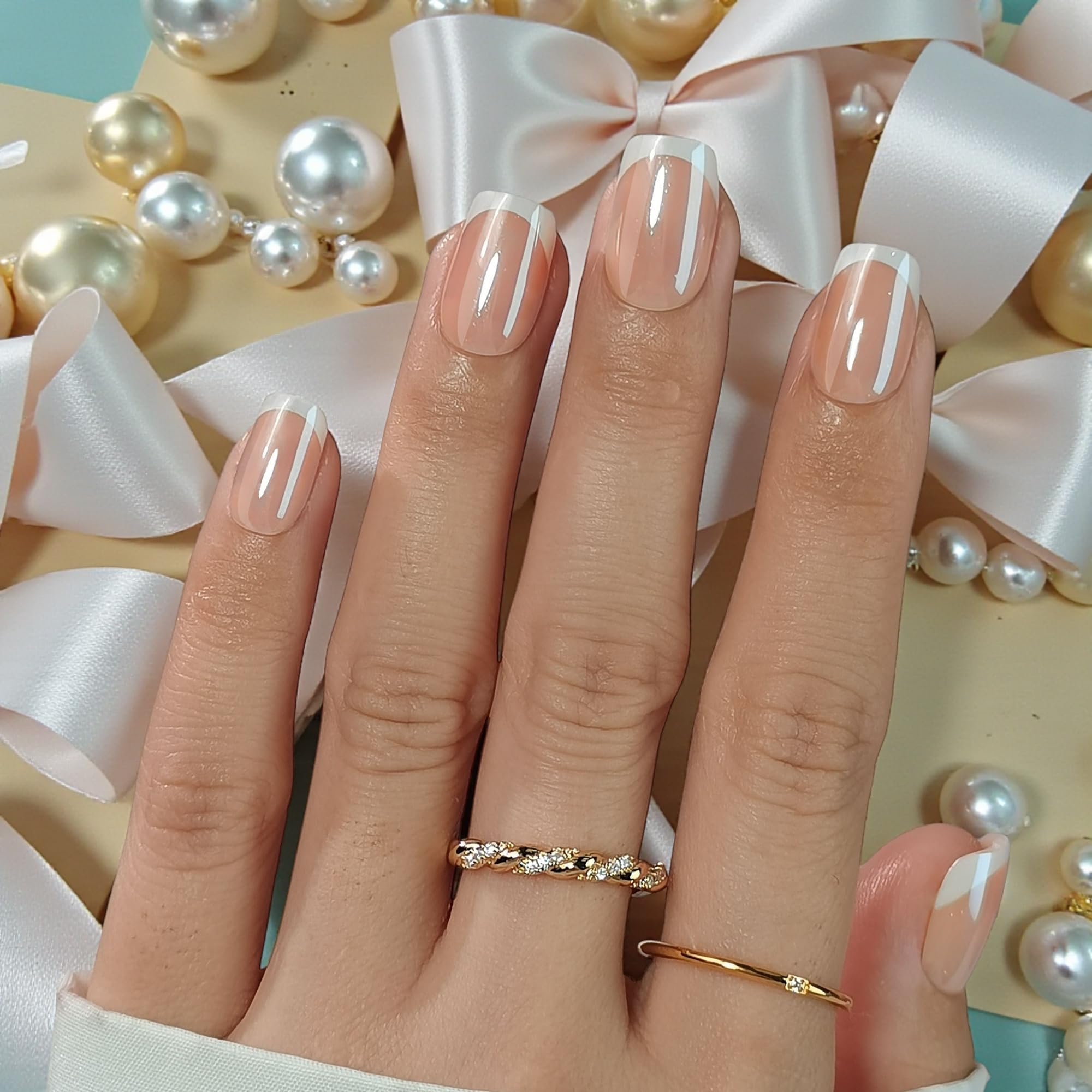 RPNZL Sweetie Chrome Press On Nails – White French Tip, Short Square | 32 Nails, 16 Sizes, Glue & Tabs