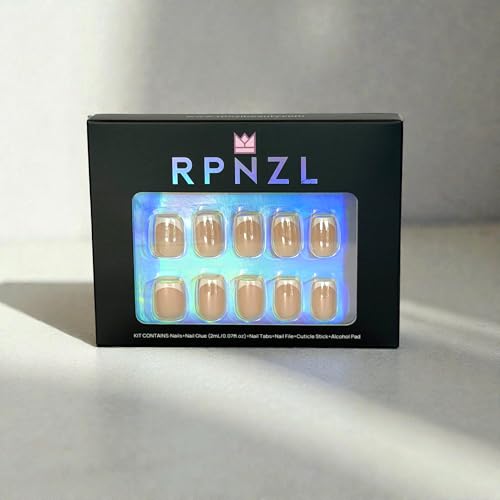 RPNZL Sweetie Chrome Press On Nails – White French Tip, Short Square | 32 Nails, 16 Sizes, Glue & Tabs