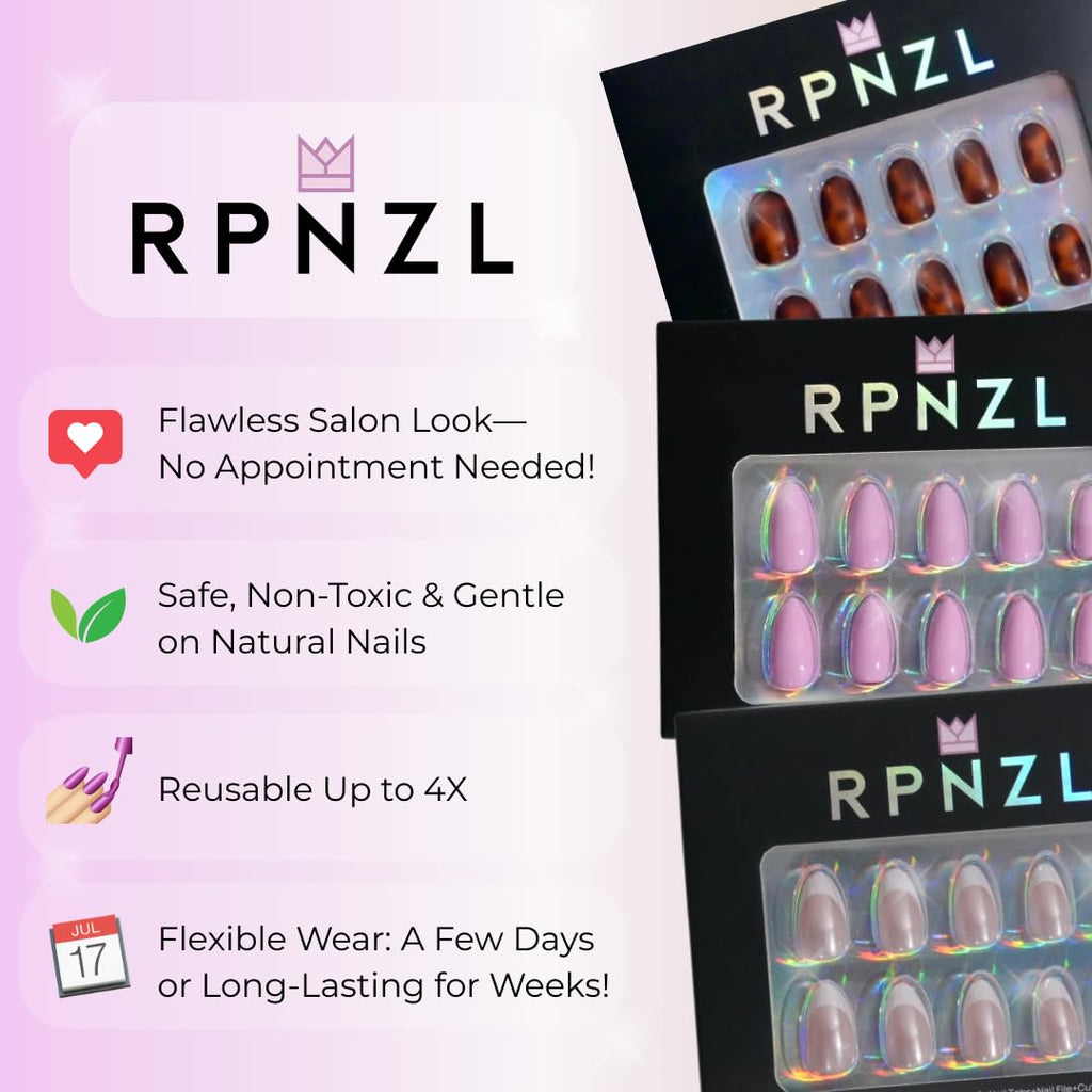 RPNZL Sweetie Chrome Press On Nails – White French Tip, Short Square | 32 Nails, 16 Sizes, Glue & Tabs