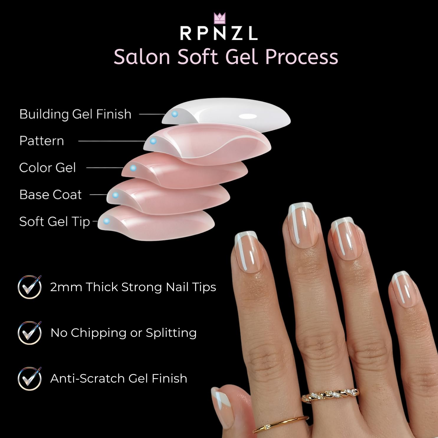 RPNZL Sweetie Chrome Press On Nails – White French Tip, Short Square | 32 Nails, 16 Sizes, Glue & Tabs