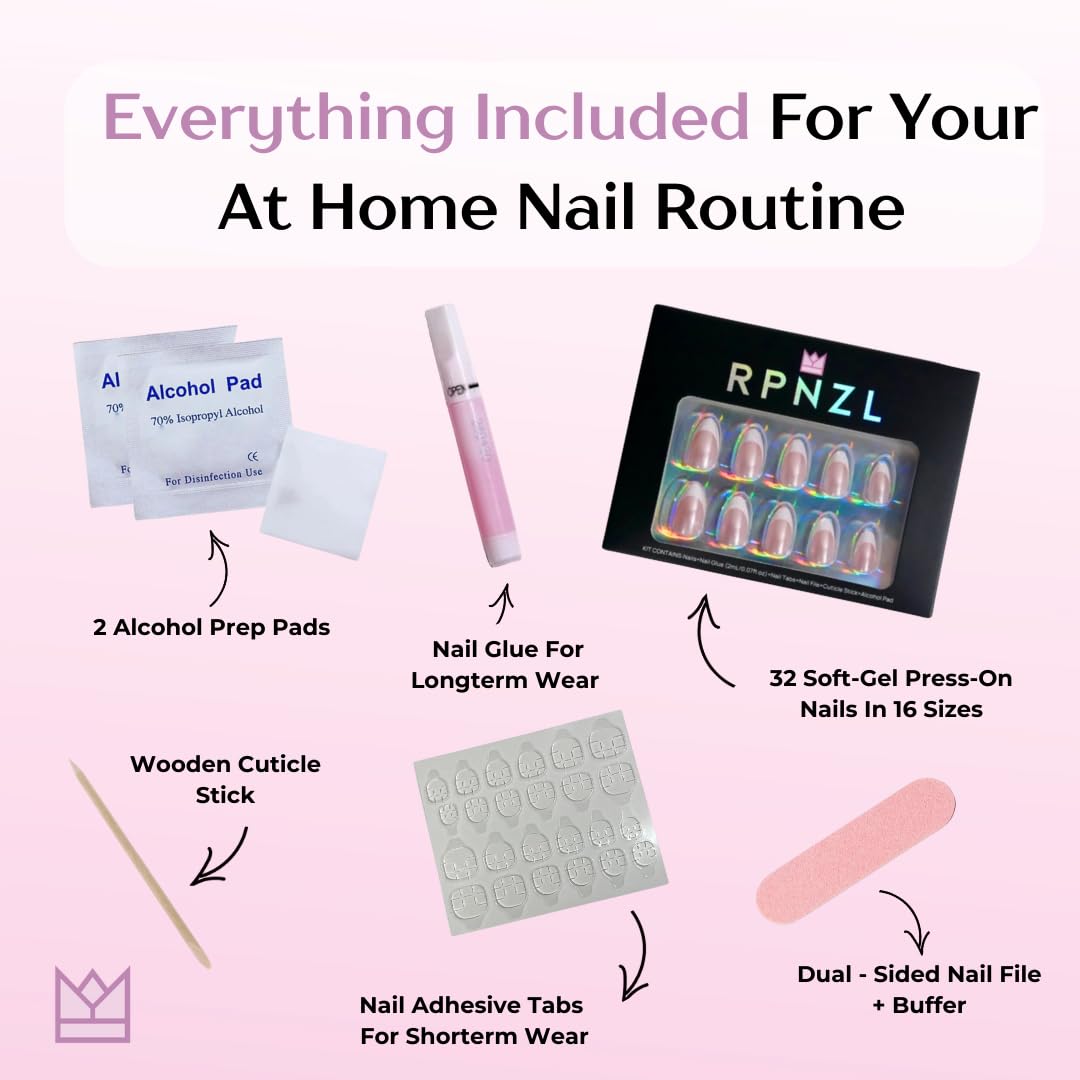 RPNZL Sweetie Chrome Press On Nails – White French Tip, Short Square | 32 Nails, 16 Sizes, Glue & Tabs