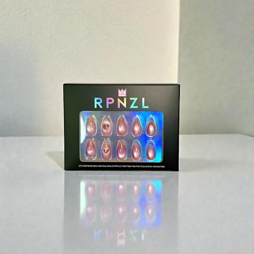 RPNZL Love Beam Press On Nails – Heart Cat Eye, UV Finish Almond, 32 Nails Kit