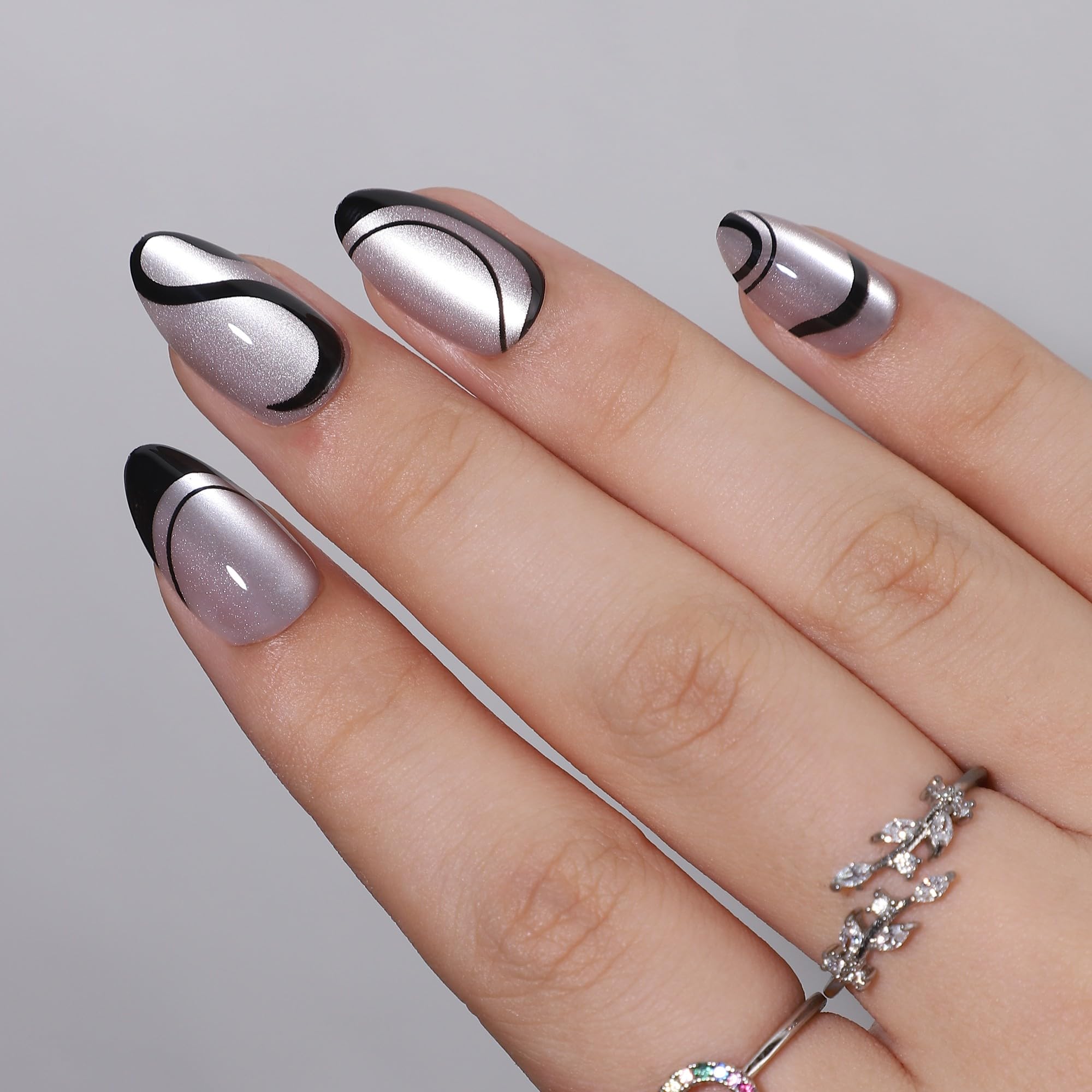 RTKHFZE Press On Nails Almond – Soft Gel Swirl French Tip, Short, 16 Sizes, Glue & Tabs Kit