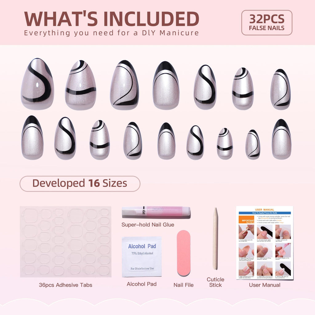 RTKHFZE Press On Nails Almond – Soft Gel Swirl French Tip, Short, 16 Sizes, Glue & Tabs Kit