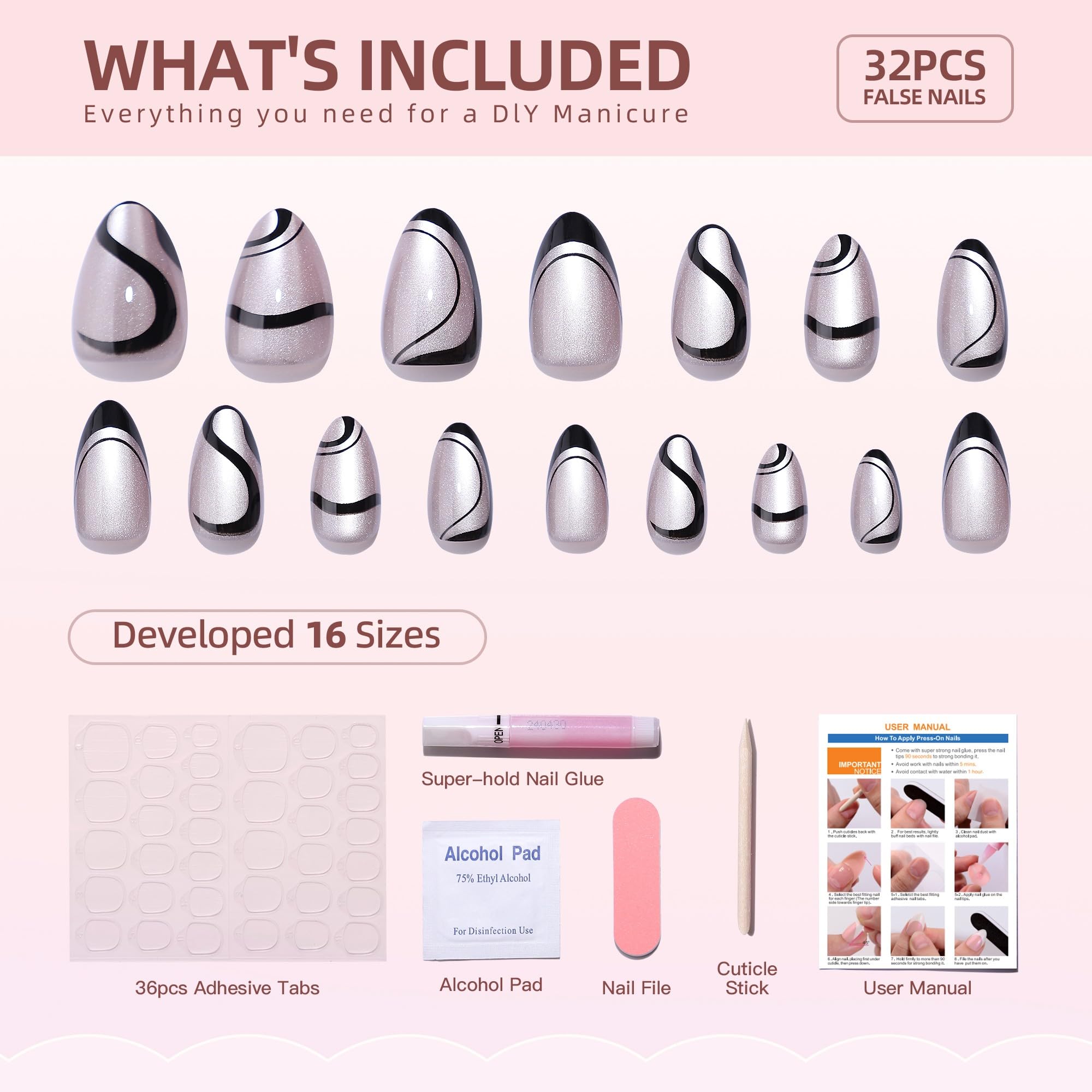 RTKHFZE Press On Nails Almond – Soft Gel Swirl French Tip, Short, 16 Sizes, Glue & Tabs Kit