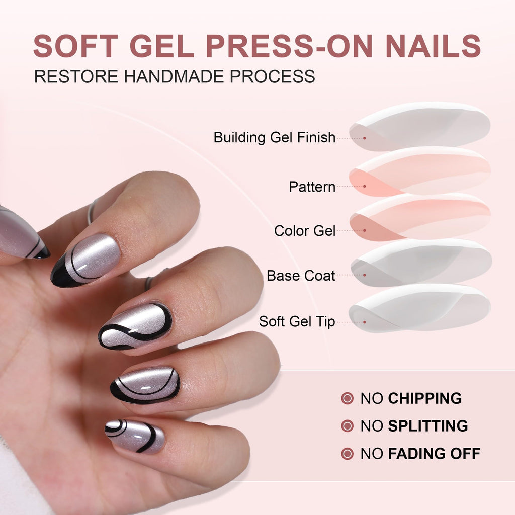 RTKHFZE Press On Nails Almond – Soft Gel Swirl French Tip, Short, 16 Sizes, Glue & Tabs Kit