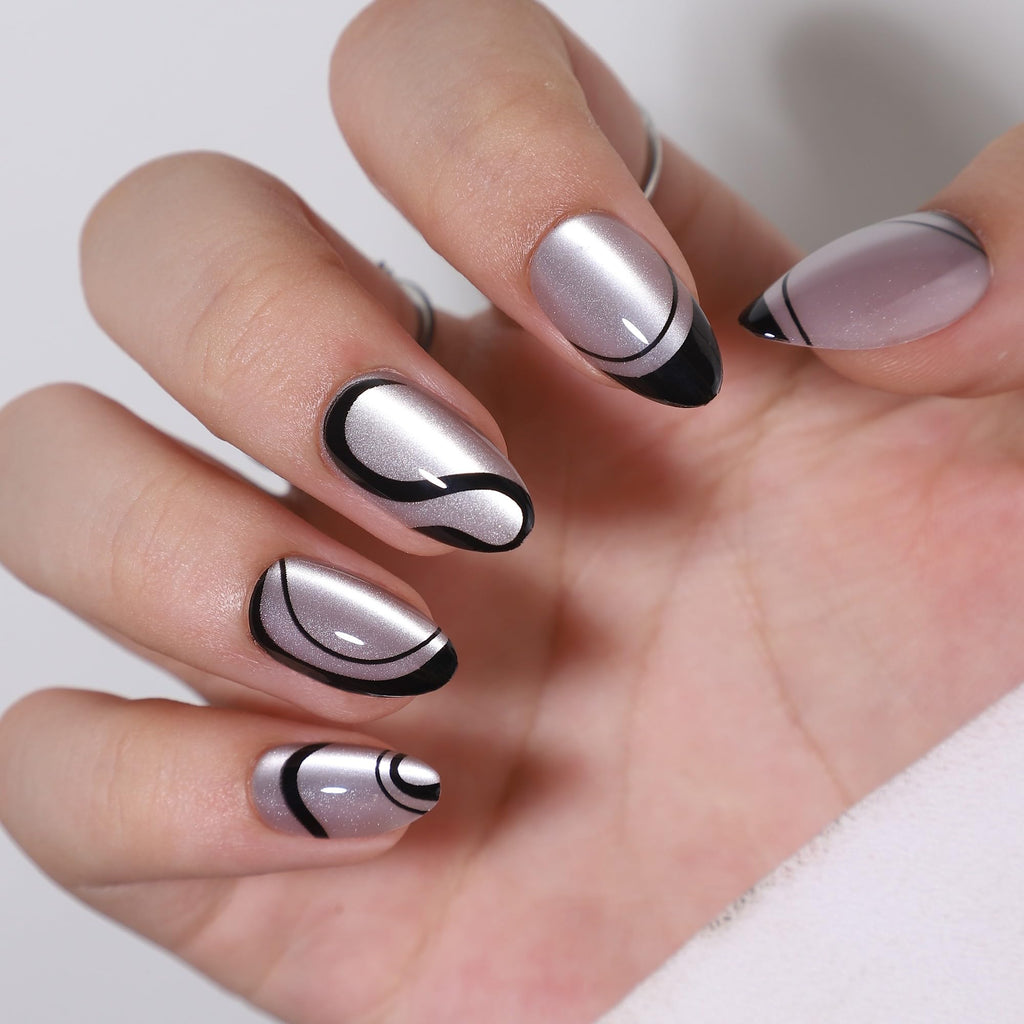 RTKHFZE Press On Nails Almond – Soft Gel Swirl French Tip, Short, 16 Sizes, Glue & Tabs Kit