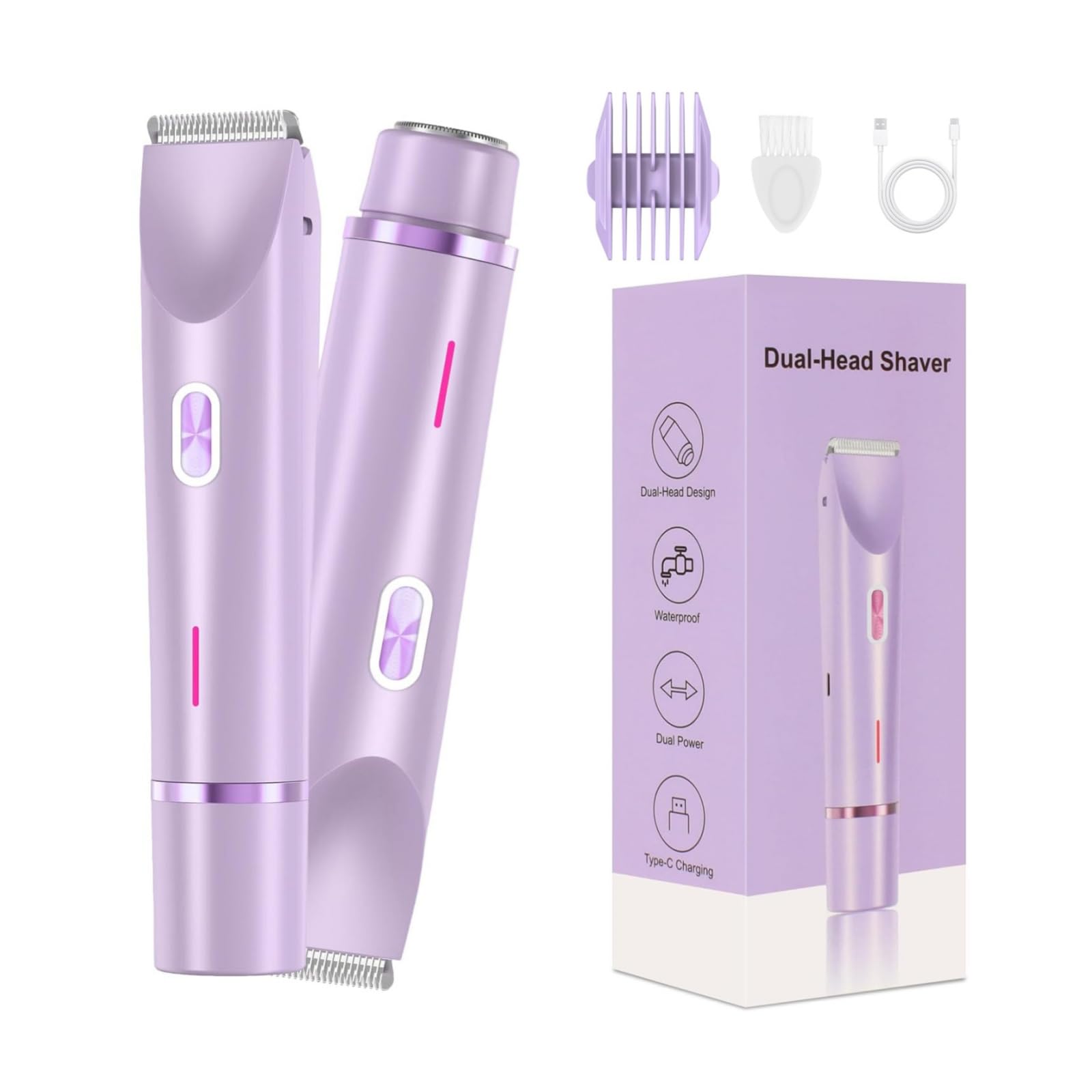 RtLvio Bikini Shaver 2-in-1 Dual Head Electric Trimmer – Wet & Dry, IPX7 Waterproof, Purple2