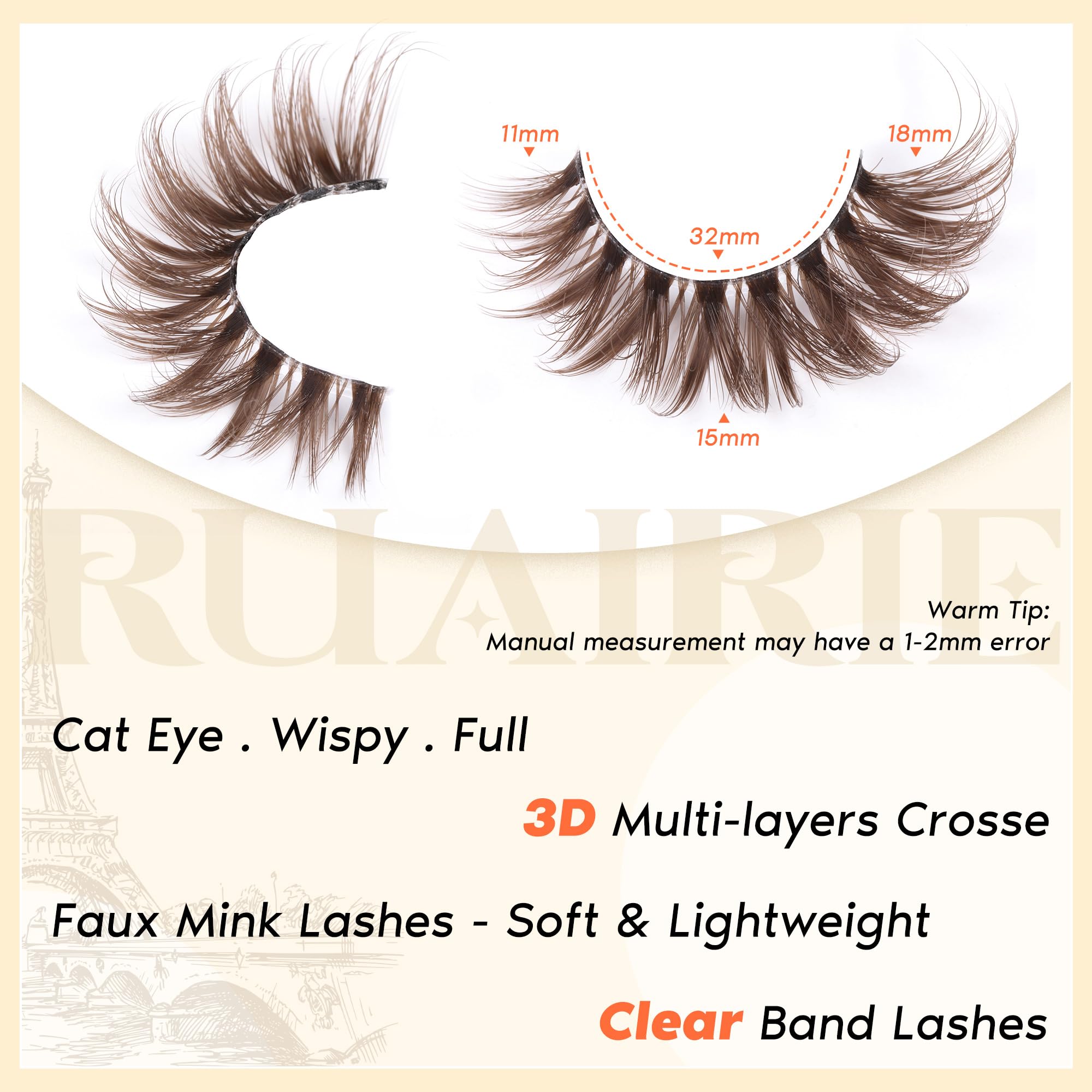 Ruairie Brown Lashes Wispy Cat Eye CD-Curly | 7 Pairs, 11–18mm Full Strip Lashes