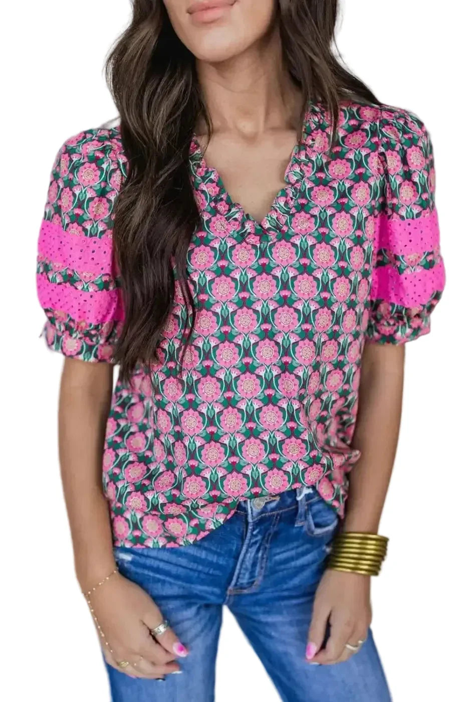 Sachet Pink Ruffle Puff Sleeve V-Neck Blouse with Abstract Floral Print