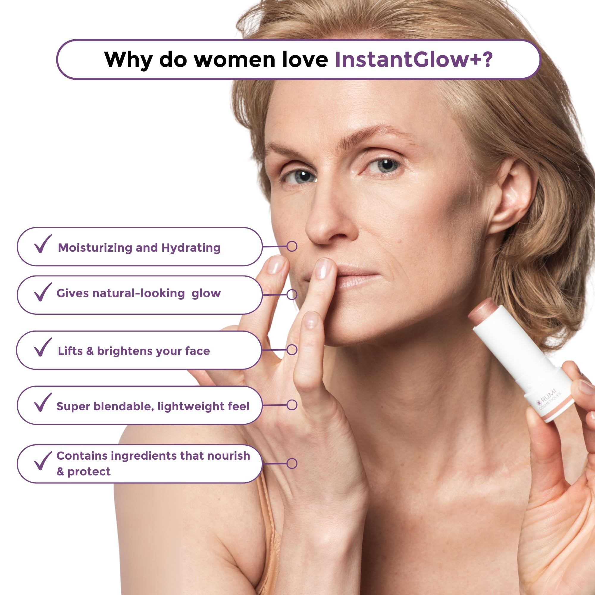 Rumi Cosmetiques InstantGlow+ 4-in-1 Highlighter Stick for Mature Skin — Radiant Glow & Nourishing Formula