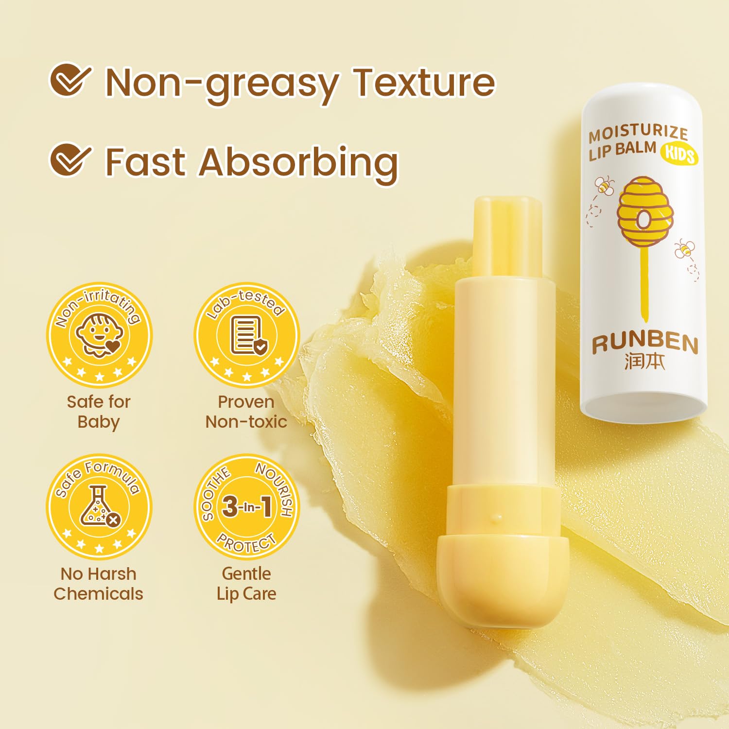 RUNBEN Kids Lip Balm - Moisturizing Baby Lip Care for Toddlers (0.14 oz)