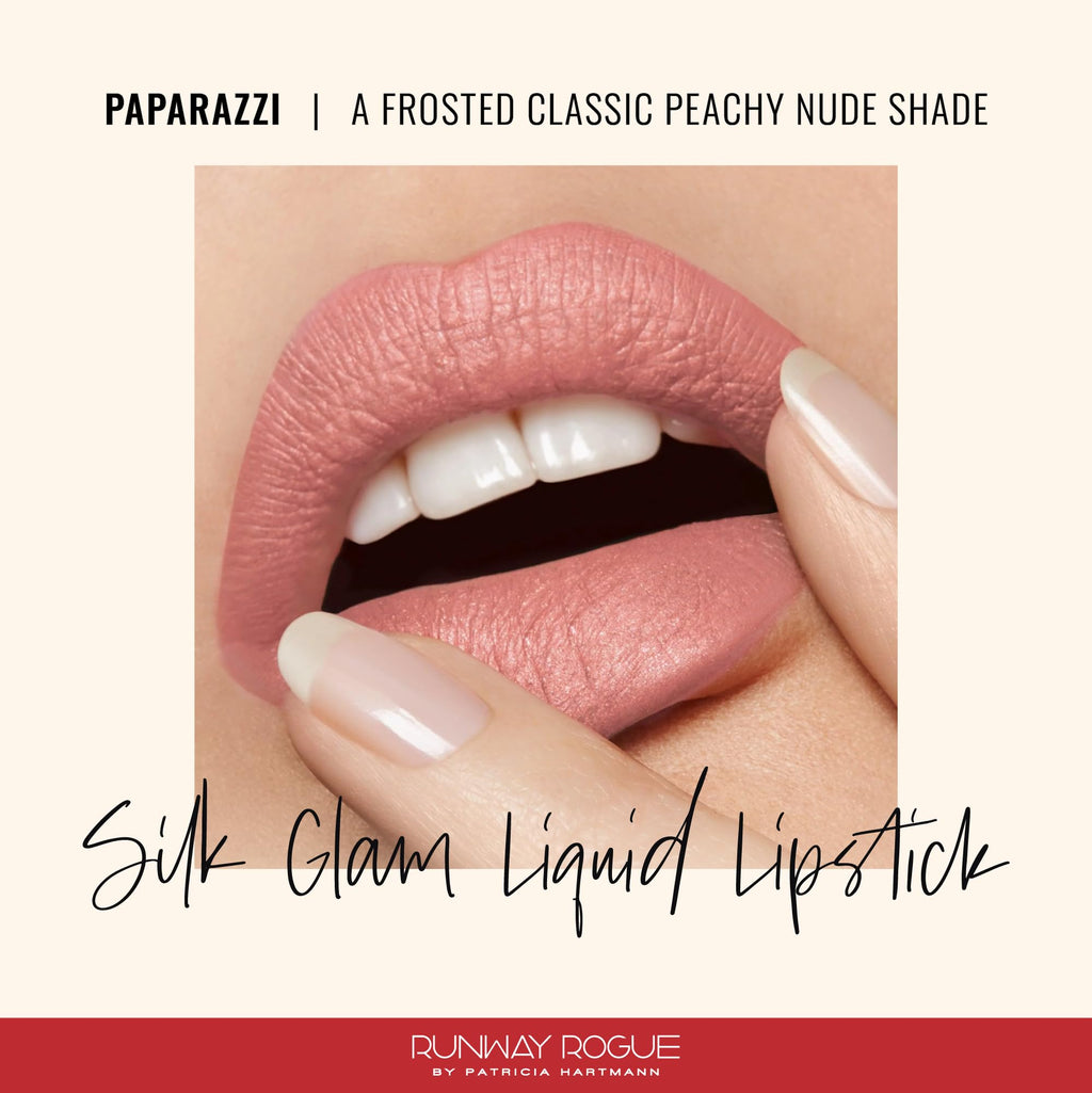 Runway Rogue Silk Glam Liquid Lipstick Paparazzi — Long-Wear Frosted Peachy Nude