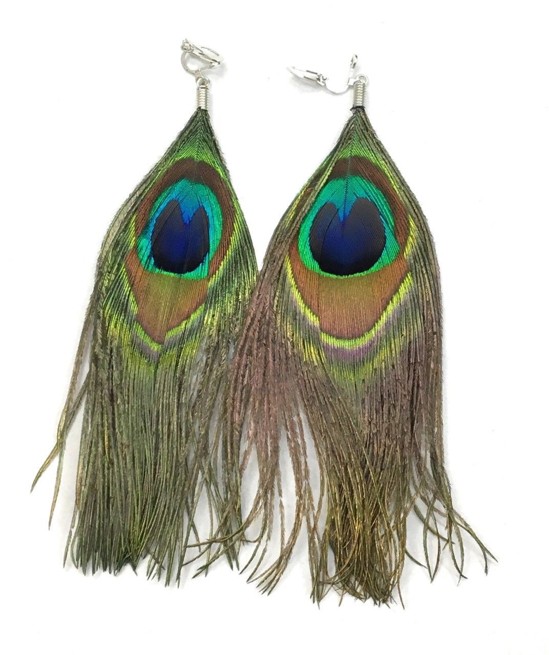 Peacock Dangle Tassel Earrings - Clip On  or Pierced