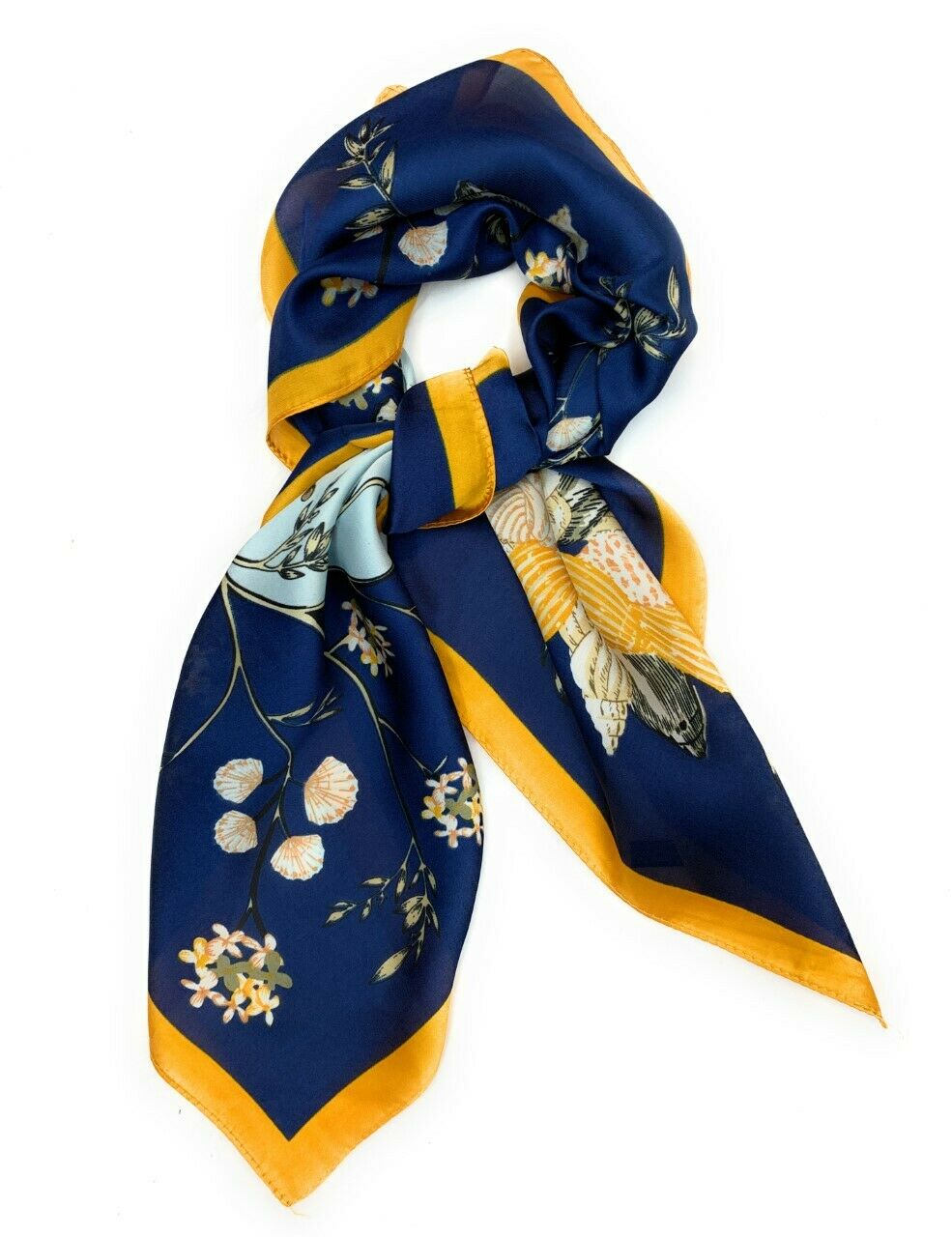 Big Square Ladies Womans Faux Silk Head Neck Thin Scarf Bag Charm - 70cm x 70cm[Mustard Yellow Shell Floral]