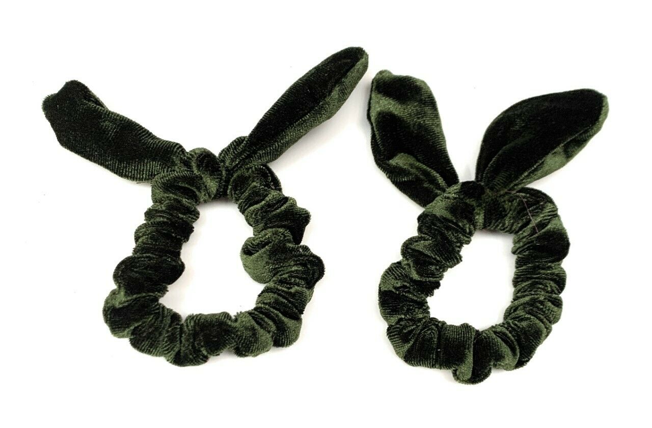Luxury Velvet Pair of Olive Dark Green Elastic Hair Scrunchies Elastic Band School