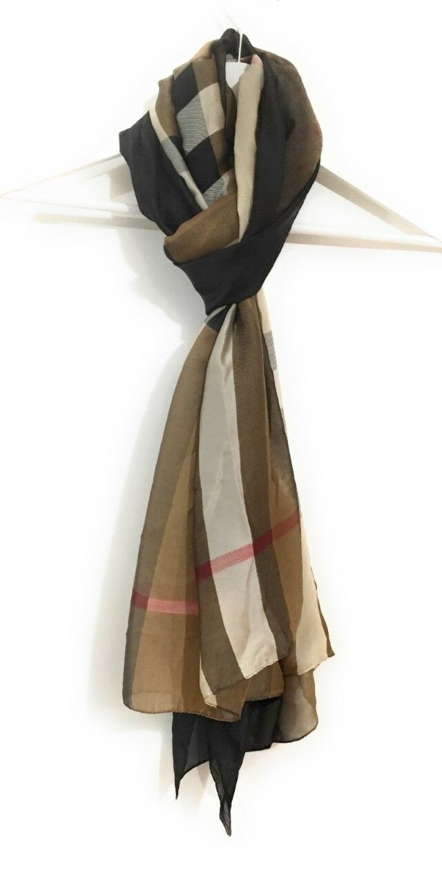 90x180cm Large Brown Beige Tartan Ladies Womens Maxi Scarf Hijab Shawl Pashmina Faux Silk