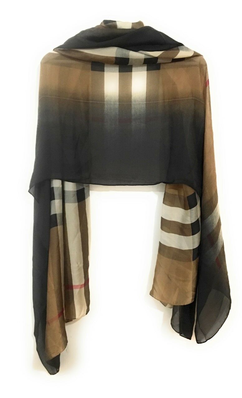 90x180cm Large Brown Beige Tartan Ladies Womens Maxi Scarf Hijab Shawl Pashmina Faux Silk