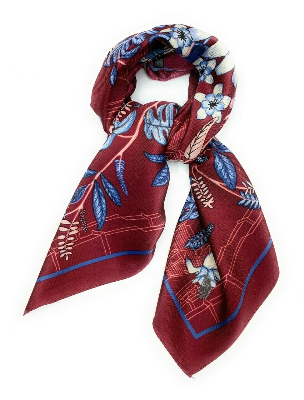 Big Square Ladies Womans Faux Silk Head Neck Thin Scarf Bag Charm - 70cm x 70cm[Burgundy City Floral]