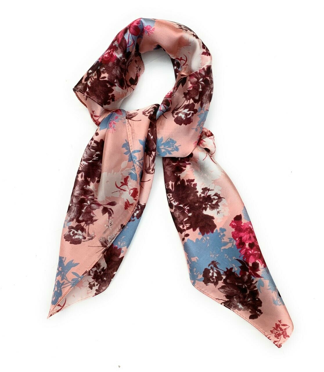 Big Square Ladies Womans Faux Silk Head Neck Thin Scarf Bag Charm - 70cm x 70cm [Dark Plum Fuchsia Light Pink Floral]