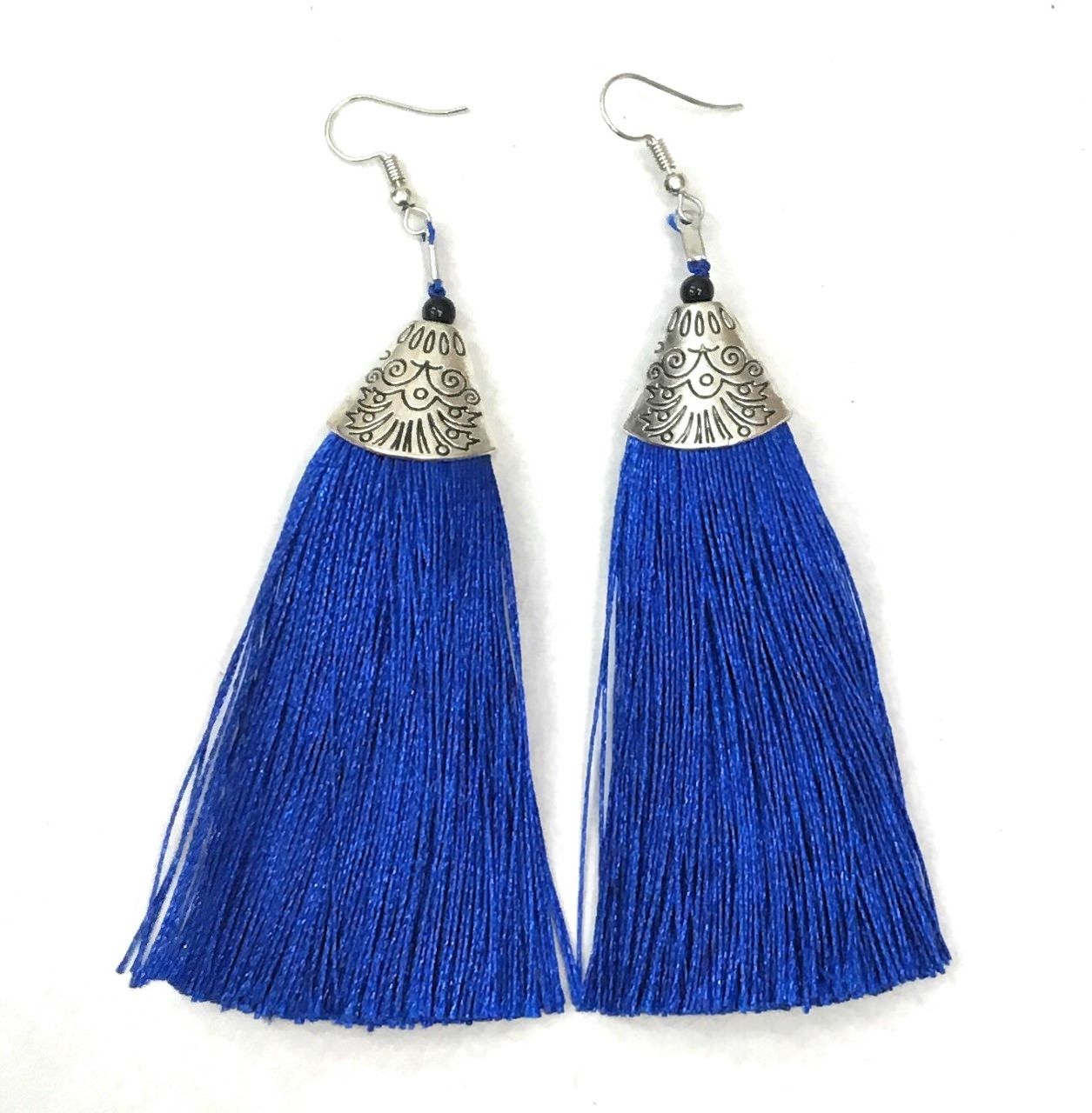 Royal Blue Long Funky Tassel Chandelier Silver Dangle Party Earrings - Pierced or Clip On