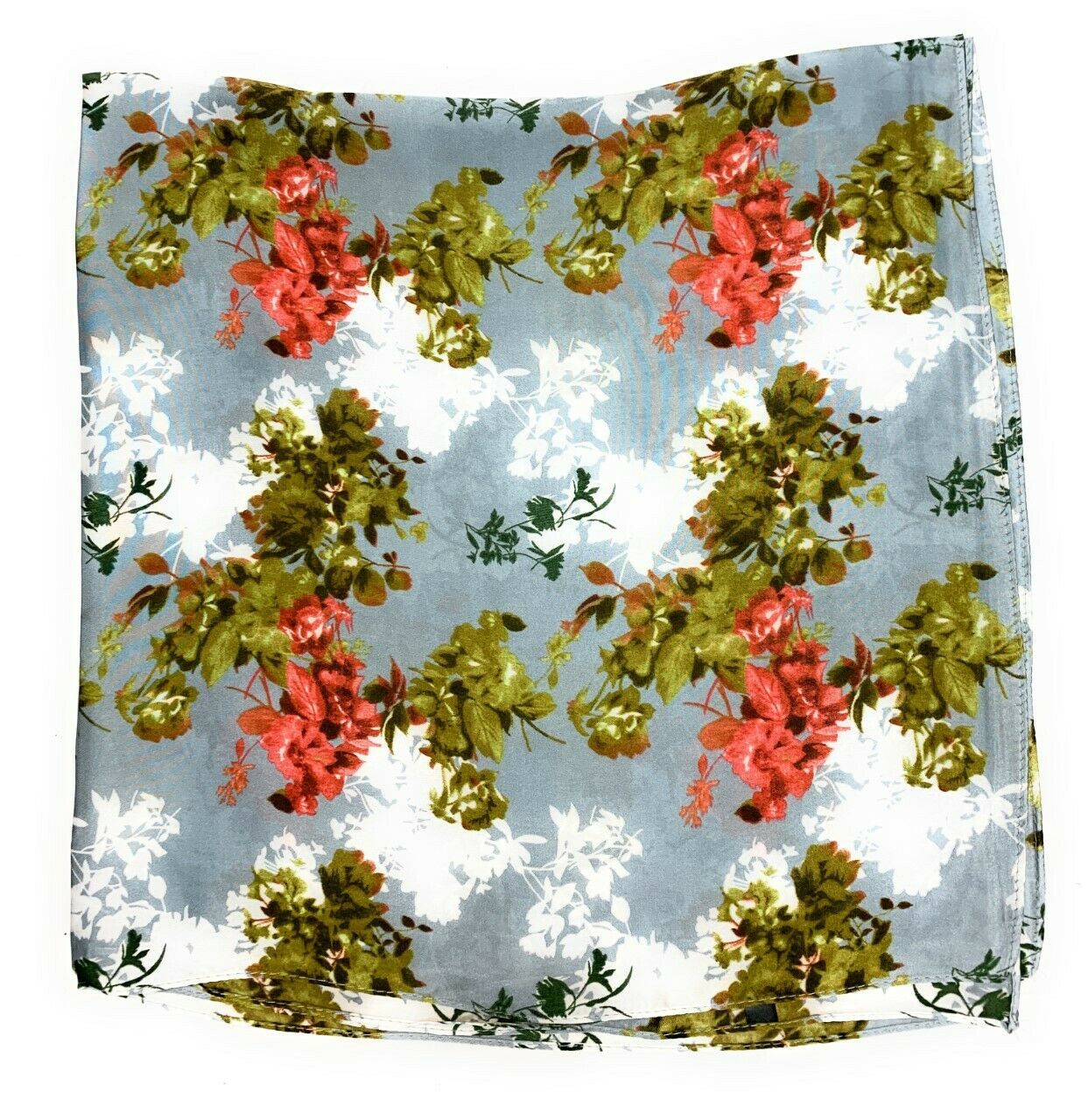 Big Square Ladies Womans Faux Silk Head Neck Thin Scarf Bag Charm - 70cm x 70cm [Lime Green Pale Blue Floral]