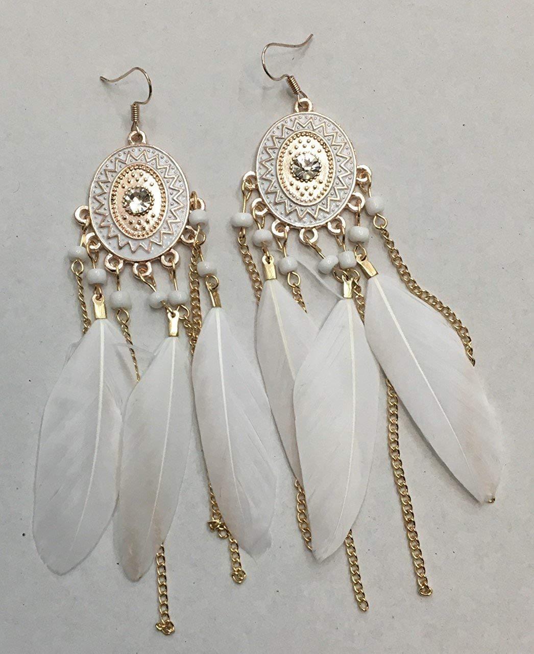 White Feather Chandelier Earrings Gold Gypsy Boho Tribal Tassel - Pierced or Clip On