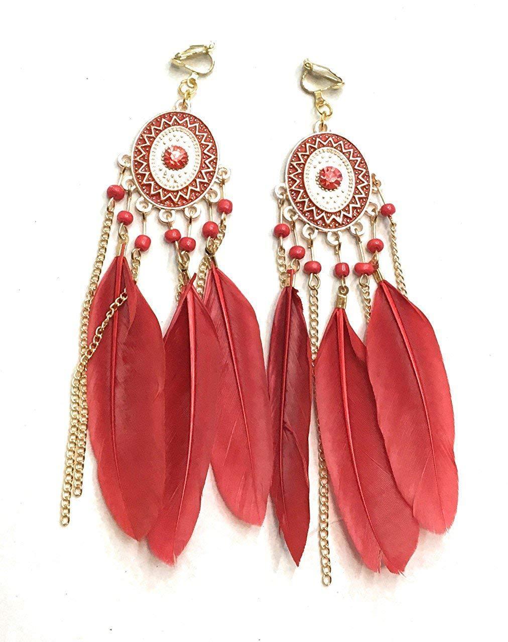 Red Feather Chandelier Earrings Gold Gypsy Boho Tribal Tassel - Pierced or Clip On