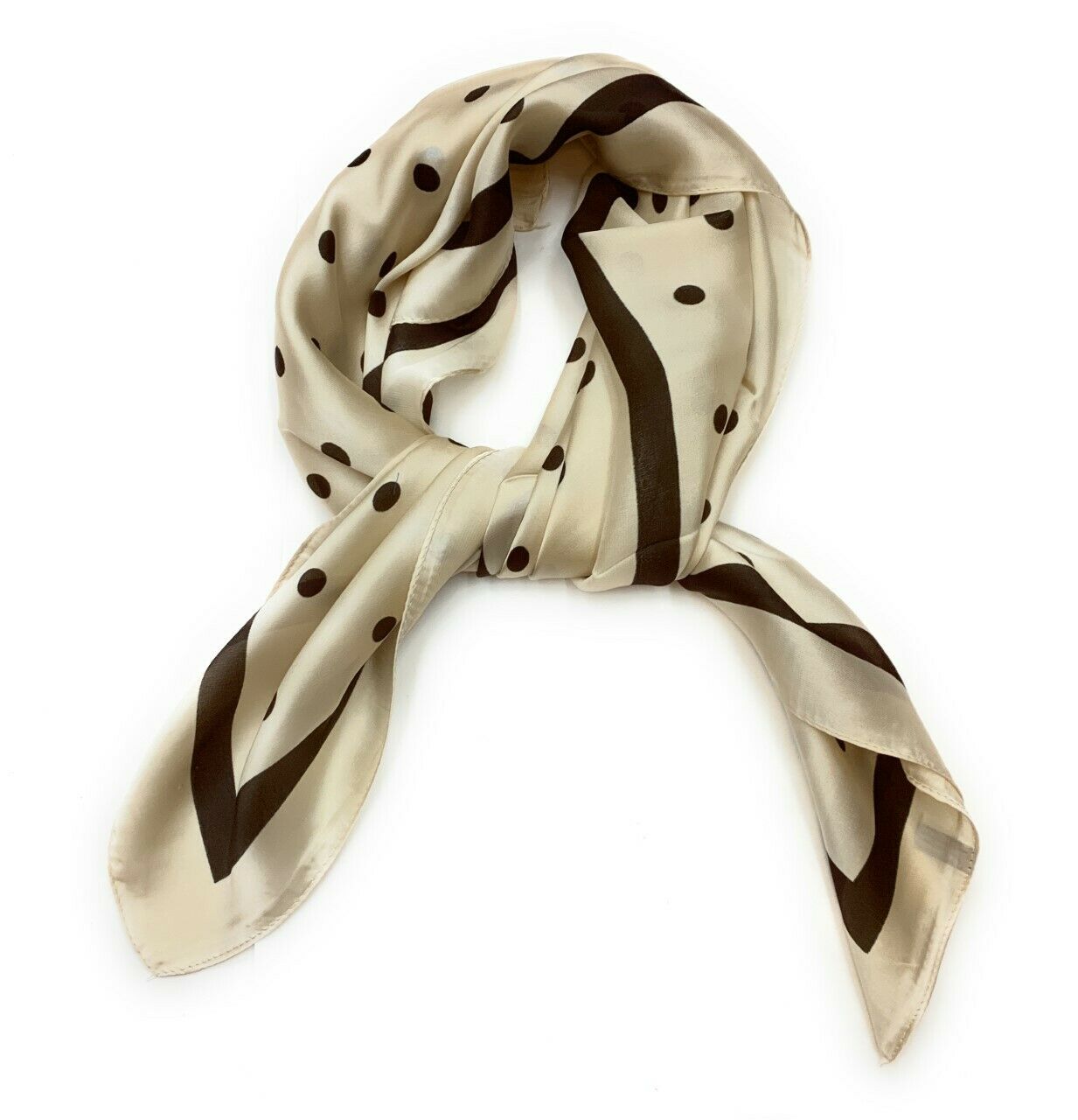 Big Square Ladies Womans Faux Silk Head Neck Thin Scarf Bag Charm - 70cm x 70cm [Cream Black Polka Dots]