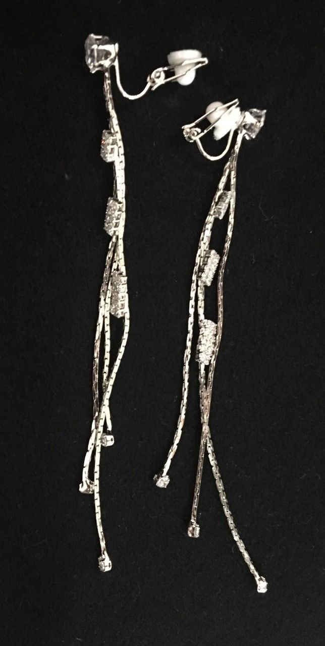 Silver Diamante Long Dangle Tassel Clip On Earrings Crystal Non Pierce UK Gift