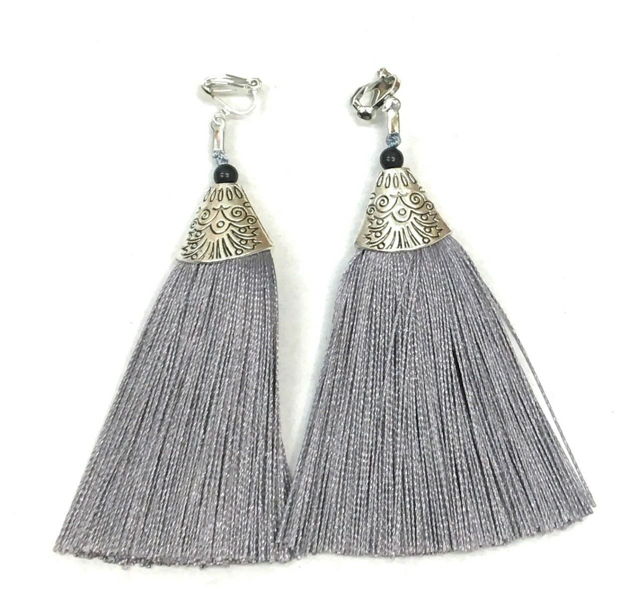 Silver Grey Long Funky Tassel Chandelier Silver Dangle Party Earrings - Pierced or Clip On