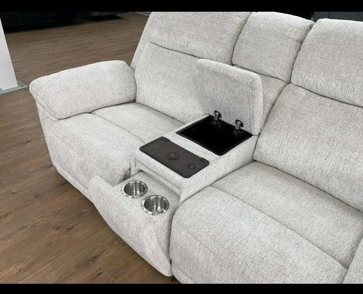 Owen Electric Recliner 2-Seater Sofa: Beige or Grey Fabric, Wireless Charging & Cupholders