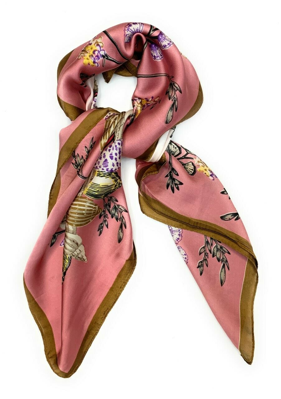 Big Square Ladies Womans Faux Silk Head Neck Thin Scarf Bag Charm - 70cm x 70cm [Baby Pink Shell Floral]