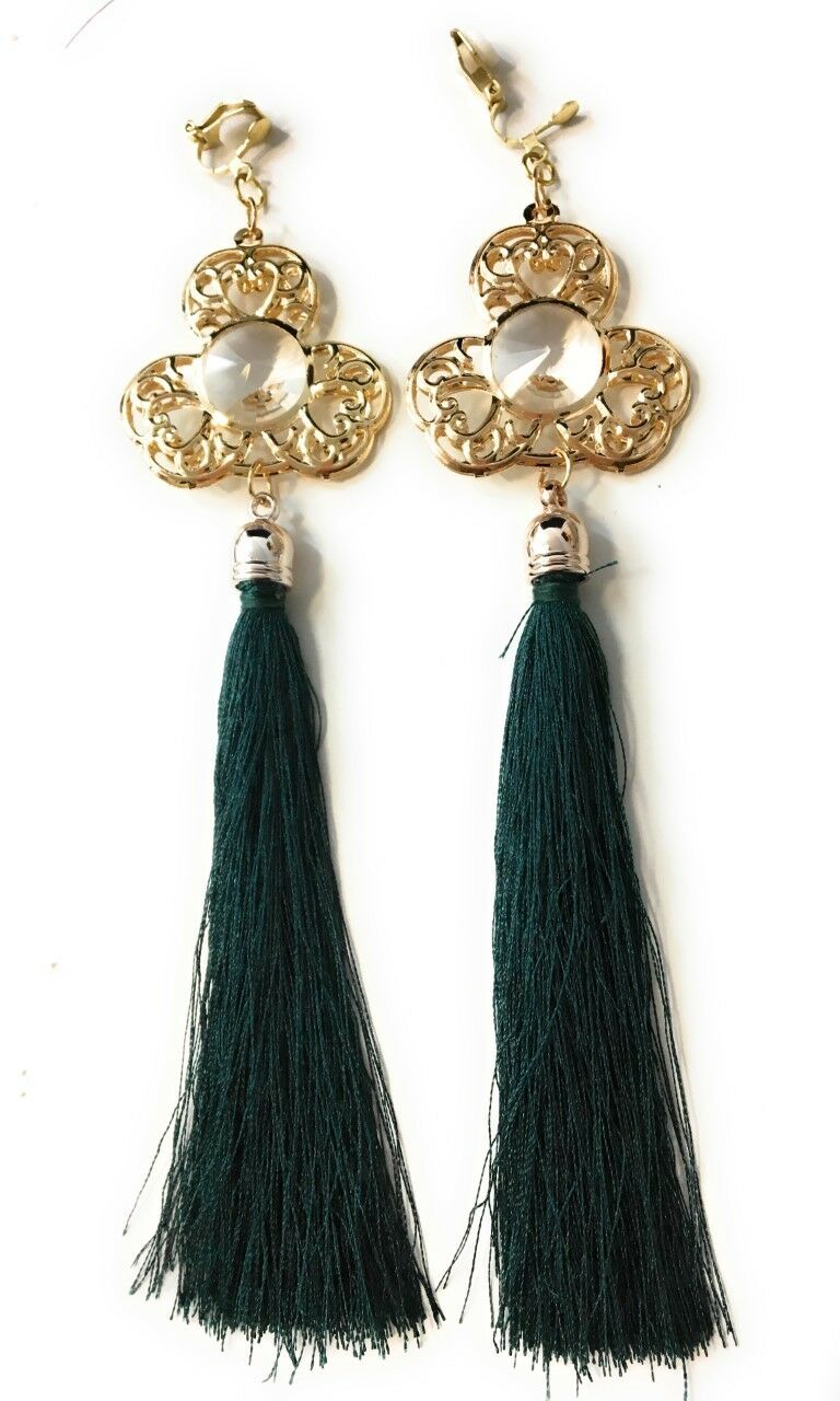 Emerald Green Super Long Funky Tassel Chandelier Dangle Party Earrings - Pierced or Clip On