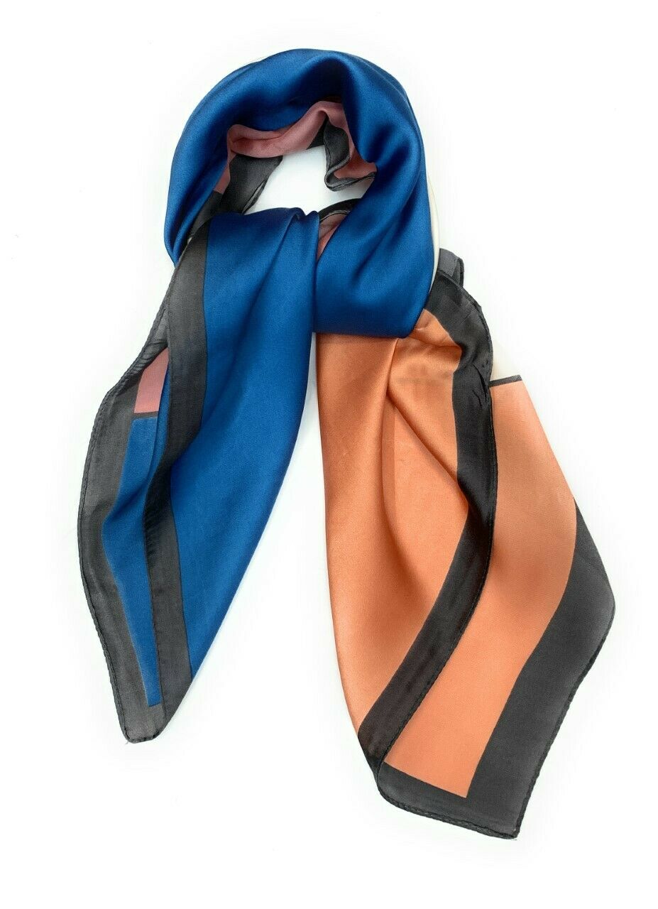 Big Square Ladies Womans Faux Silk Head Neck Thin Scarf Bag Charm - 70cm x 70cm [Royal Blue Orange Abstract Blocks]
